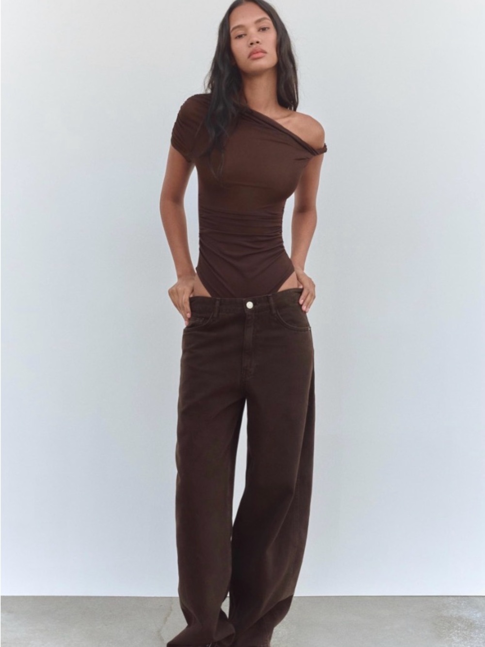 Zara Sheer One-Shoulder Brown Bodysuit